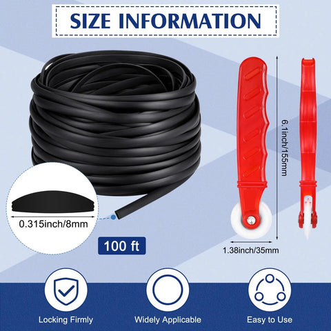 Flat Screen Spline 0.315 Inch Width Vinyl Window Screen Spline With Rolling Tool Black Flat Bottom And Curved Top Edge Repair Kit For Easy DIY Window And Patio Door Install 100 Ft image showing spline and tool with dimensions