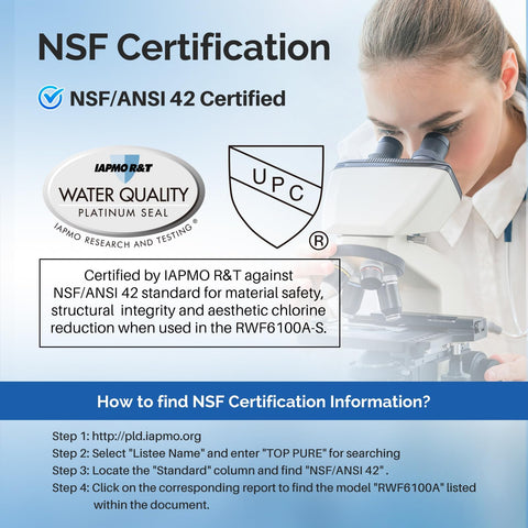 NSF certification badge for Replacement Refrigerator Water Filter For Bosch Ultra Clarity Pro Series with person using microscope.