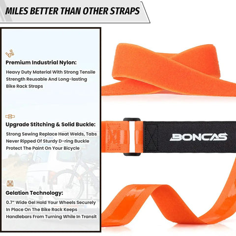 Adjustable Bike Rack Strap Set 24 Inch Bicycle Wheel Stabilizers With Gel Grip Heavy Duty Non Slip Straps, orange close-up