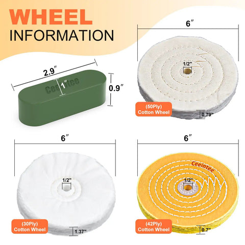 Eight Pack 6 Inch Polishing Wheel Set For Bench Grinder With 1/2 Inch Arbor Hole Includes Two Yellow Cotton Polishing Wheels 42 Ply Two White Cotton Wheels 50 Ply One Soft Flannel Buffing Wheel 30 Ply And Three Polishing Compounds, image showing wheel dimensions and materials.