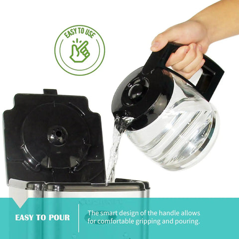 Person pouring water with 12 Cup Glass Replacement Carafe For Coffee Makers No-Hassle DCC-2200 DCC-2600 DCC-2800 DCC-3200 DCC-3200P1 With Black Handle