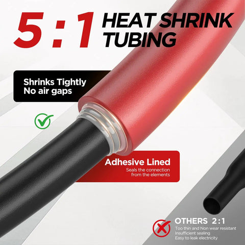 Hefty 365 Piece 5 To 1 Heat Shrink Tubing Kit Double Adhesive Lined for knockout marine grade waterproof wire sealing with black tubing.
