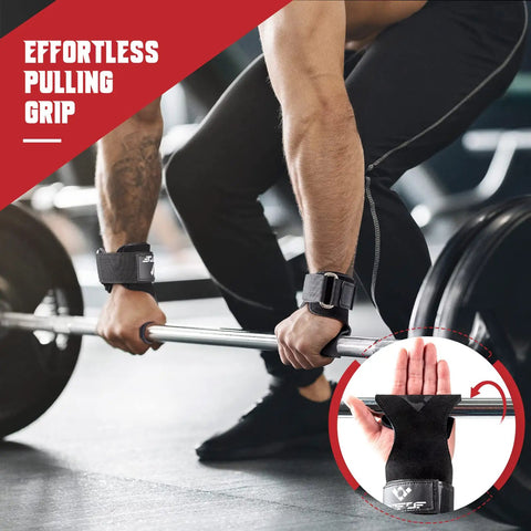 Heavy Duty Double Layer Leather Weight Lifting Wrist Straps With Adjustable Neoprene Padding For Deadlift And Powerlifting in use during a deadlift.
