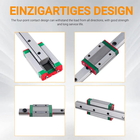 MGN9 Linear Rail Guide 400mm with MGN9 H Type Linear Bearing Sliding Block for CNC, side and front view, four-point contact design