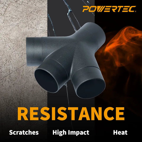 Heavy Duty Three Way Dust Collection Fitting With Y Shaped Splitter showing durable ABS material and resistance to scratches and heat.