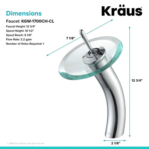 Tall Waterfall Vessel Sink Bathroom Faucet with Glass Disk in Chrome Finish, shown with dimensions and sleek design.