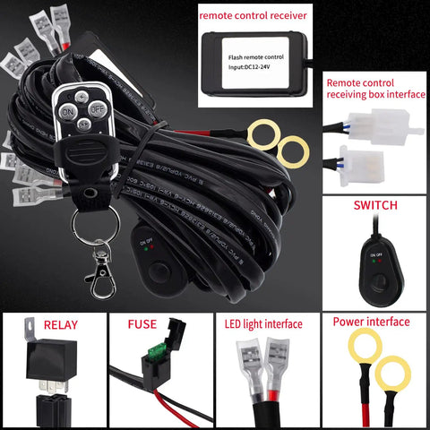 Remote Control Wiring Harness Kit For 12V LED Driving Lights Bar And Offroad Lights with components labeled