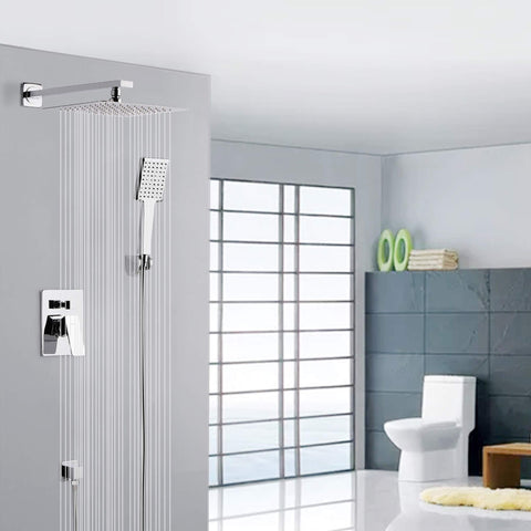Rainfall Shower System With 10 Inch Rain Head And High Pressure Handheld Shower Head, Chrome Finish, Square Wall Mount Trim Kit