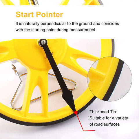Eujgoov Distance Measuring Wheel, 99999.9m / ft Folding Digital close-up of yellow start pointer and thickened tire for various surfaces.