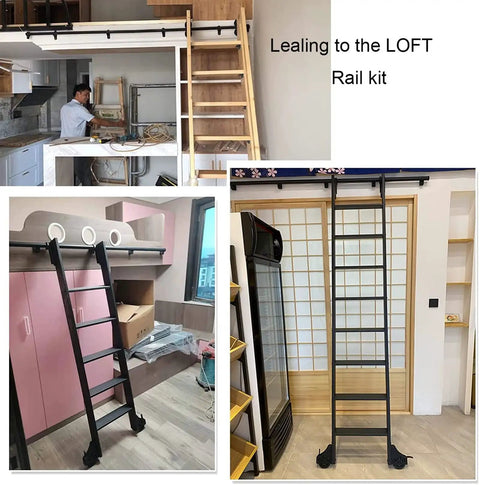 Heavy Duty Adjustable Stair Climbing Track System 3.3 To 20 Ft Rolling Rail Kit with tough black steel tubing in indoor loft setup.