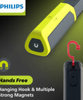 Xperion 6000 UV Pillar Rechargeable LED Work Light with magnetic base and hanger hook details shown