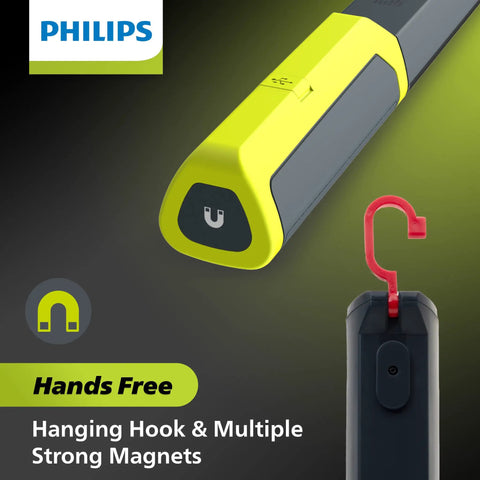 Xperion 6000 UV Pillar Rechargeable LED Work Light with magnetic base and hanger hook details shown