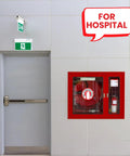 Set Of 15 Durable Vinyl Fire Extinguisher Inside Signs, 3x3 Inch, UV Resistant installed near hospital exit door