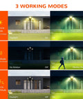 4000LM LED Security Flood Light With Motion Sensor For Outdoor Use 40W 350W Equivalent showing three working modes.