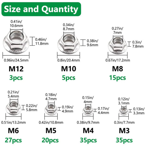 304 Stainless Steel Hex Flange Nuts Set 140 Pieces, Assortment Kit With M3 M4 M5 M6 M8 M10 M12, sizes and quantity chart