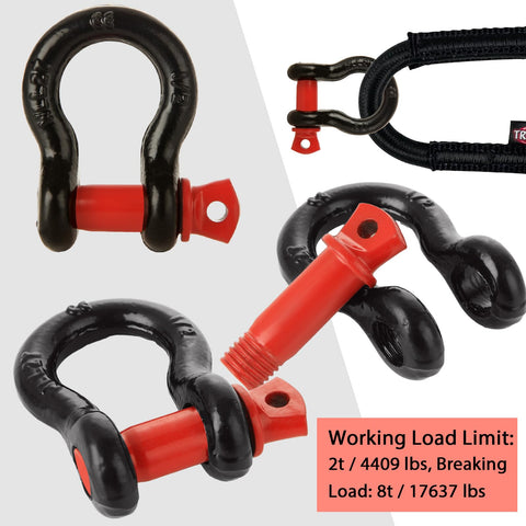 Eight Pack One Half Inch D Ring Shackles, Screw Pin Beefy Heavy Duty Gear For Towing And Off Road Recovery, 2 Ton Working Load Limit And 8 Ton Breaking Strength, Carbon Steel Chain Shackles Clevis Set displayed with bold black and red accents