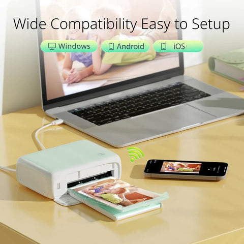 Portable Photo Printer for iPhone Android and Laptop With 54 Sheets 4x6 1 Ink Ribbon AR Video Printing Wireless WiFi Connection Compact Travel Ready On The Go shown printing from a phone and laptop.