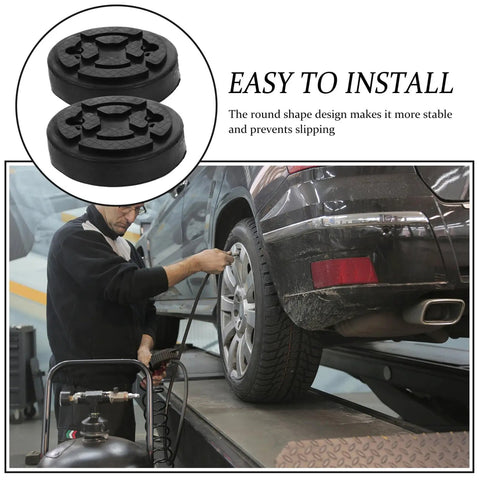 Vosarea Heavy Duty Car Lift Pads Set Of Four Round Auto Jacking Rubber Mats for Two Post Hoist used on a vehicle during maintenance.