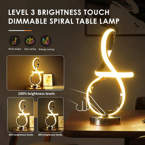 Modern Spiral Music Note Table Lamp With 7 RGB LED Colors Touch Control Dimmable Nightstand Light showcasing brightness levels