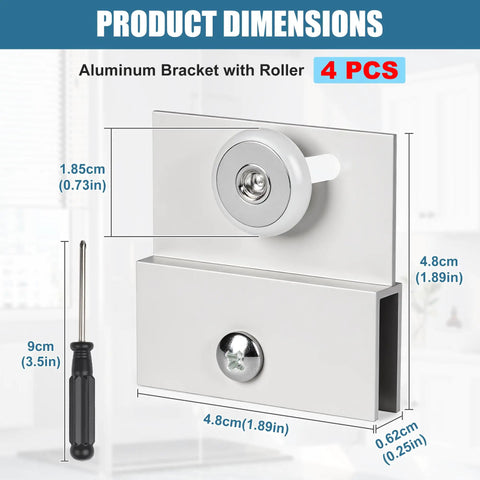 4-Pack Ultra-Slick Shower Door Rollers Replacement Kit aluminum bracket with roller and screwdriver dimensions.