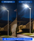 Heavy-Duty Workhorse Solar Street Lights Featuring Dusk To Dawn Auto Sensor And Remote Control For Commercial Parking Areas And Driveways Super Bright Led Flood Lamps showing 50% and 100% brightness adjustment.