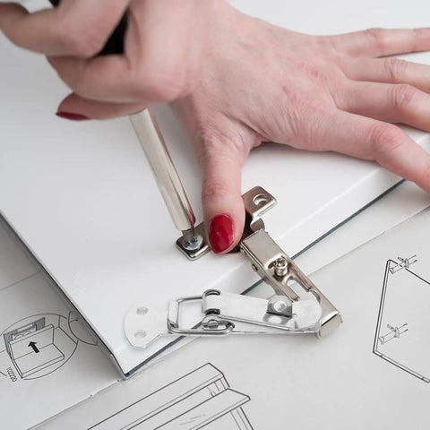 Get Six Nifty 72mm Stainless Steel Toggle Lock Clasps And Screws For Super Easy DIY Box Latching Jobs Without Any Tools In Shiny Silver Finish Today. installed on white box lid