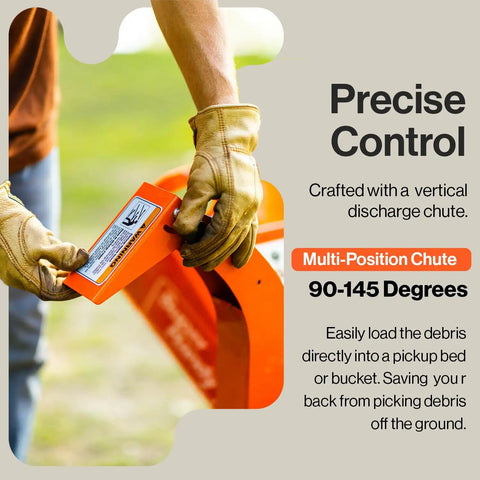 Person adjusting chute on 7 HP Mini Wood Chipper Shredder Mulcher for Yard Cleanup with multi-position control, outdoor setting