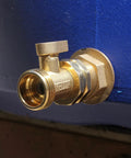 Heavy Duty Brass Garden Hose Shut Off Valve 3 Quarter Inch Male To Female Connector Set installed on blue surface