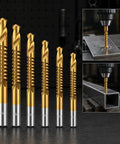 Six Piece HSS Twist Drill Bit Set Titanium Coated Workhorse For Woodworking And Sheet Metal Drilling, various sizes displayed.