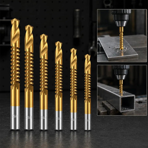 Six Piece HSS Twist Drill Bit Set Titanium Coated Workhorse For Woodworking And Sheet Metal Drilling, various sizes displayed.