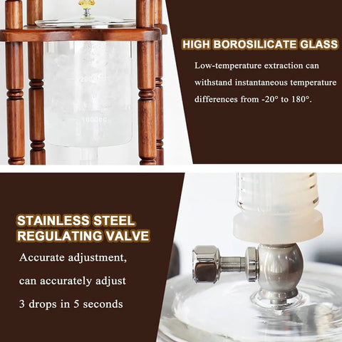 Dope Slow Drip Cold Brew Coffee Tower With Adjustable Dripper And Spacious 3000Ml Glass Jug showing borosilicate glass and stainless steel valve