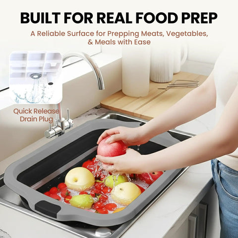 Grab And Go BBQ Prep Tub With Blanket 16L Collapsible Dish Basin And Cutting Board With Lid For Meal Prep Marinating Grilling shown with produce in sink