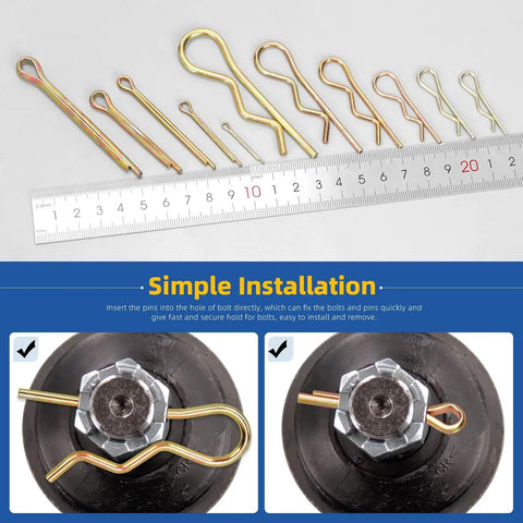 208 Piece Cotter Pin And Hairpin R Clip Set With 11 Sizes For Small Engines And Automotive Work, Colored Zinc Plated Pins shown with ruler and installation examples