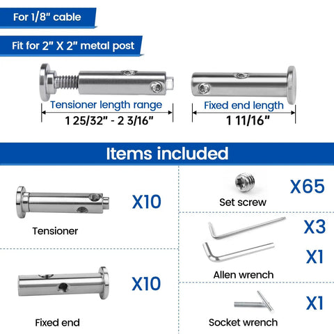 Swageless Invisible Cable Railing Kit With 1/8 Inch Cable, T316 Stainless Steel Fittings, Tensioner And Terminal, Hidden Hardware For 2x2 Metal Posts, Reusable And Adjustable, Patent Design No Crimper Needed CB05 items included.