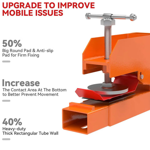 Beefed Up Clamp On Pallet Forks With Non Slip Pad And Tongue, 45 Inch Total Length, 2000 Lbs Capacity, Orange Quick Attach Fork Attachment For Tractor Buckets, Single Screw Design For Secure, Stable Handling exhibiting non-slip pad and large contact area for stability.