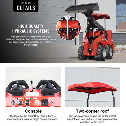 Mini Skid Steer Loader HY480D 23HP V Twin Honda GX690 Gas Engine demonstrating hydraulic lift with console and roof details visible