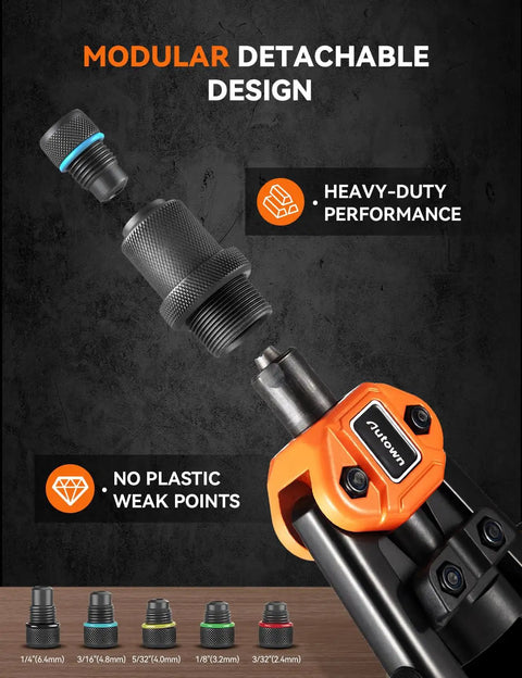 Pro Rivet Gun Kit With Drill Bits And Magnetic Wristband Heavy Duty Two Handed Riveter showcasing modular design and components