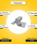 Sliding Patio Door Bumper Stop In Gray Aluminum 2 Inch Length 1 Inch Width For Sliding Door Bumper And Patio Door Stop Applications In Residential Or Commercial Sliding Door Systems, shown with gray finish and installation details.
