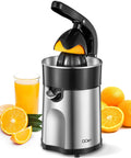 Electric Citrus Juicer With Brushed Stainless Steel Finish extracting fresh orange juice with whole oranges beside.