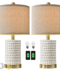 Farmhouse Ceramic Table Lamps Set Of 2 With 3-Way Dimmable Touch Control White Bedside Lamps With USB A And USB C Ports