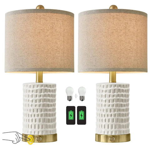Farmhouse Ceramic Table Lamps Set Of 2 With 3-Way Dimmable Touch Control White Bedside Lamps With USB A And USB C Ports