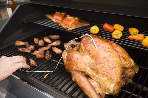 Grilled turkey with Two Pack 6 Inch Meat Probes With 48 Inch High Heat Woven Wire For Grills And Smokers monitoring temperature
