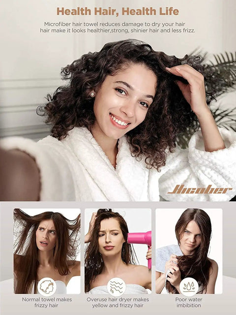 Woman with curly hair demonstrating Go To Rapid Dry Microfiber Hair Towel Wraps For Women Three Pack Turban Style Quick Dry Towels