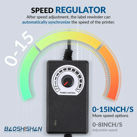 No Sweat Automatic Label Rewinder Machine With Heavy Gauge Metal Take Up Drum And Slick Two Way Rollback For Fast Printer Sync Bulk Labeling Warehouse Essential speed regulator with adjustable settings and power control.