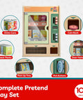 Wooden Vending Machine Play Set For Kids with snack bars, drink cans, coin slots, and pick-up tray for pretend shopping fun.