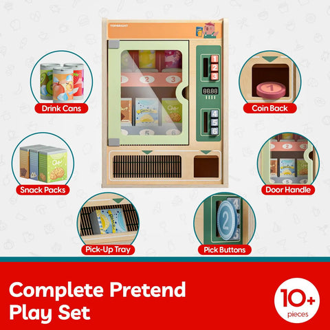 Wooden Vending Machine Play Set For Kids with snack bars, drink cans, coin slots, and pick-up tray for pretend shopping fun.