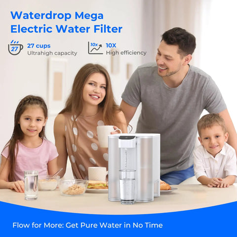 Family using Mega Electric Water Filter Dispenser For Home Use, 27-Cup Capacity, 200-Gallon Rechargeable Instant System, NSF Certified