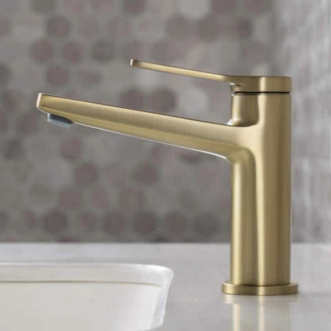 Indy Single Handle Basin Bathroom Faucet With Pop Up Drain And Overflow In Brushed Gold Solid Brass
