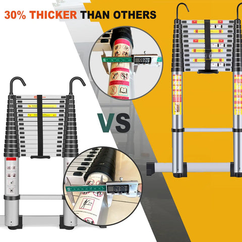 Telescoping Aluminum Ladder 15 Ft For Home DIY And RV Attic Access, Easy Extendable Extension Folding Ladder with 330 Pound Capacity shown with anti-slip feet and detailed features comparison.