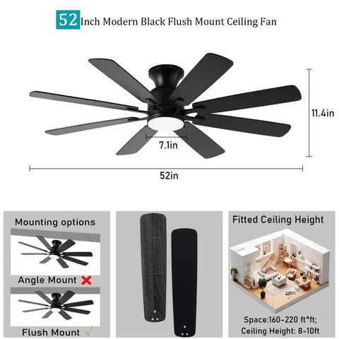 Diagram of 52 Inch Flush Mount Ceiling Fan With Light Easy Remote Or App Control Eight Blades Noiseless DC Motor Low Profile Indoor Outdoor Black Finish For Bedroom Living Room